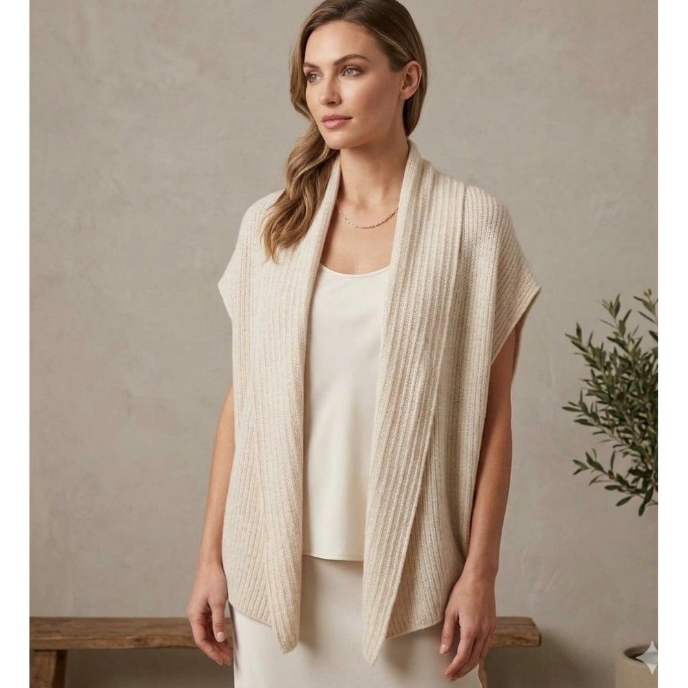 Ovcio Shawl Collar Vest Women One Size Cashmere Cream Ribbed Knit Open Layering